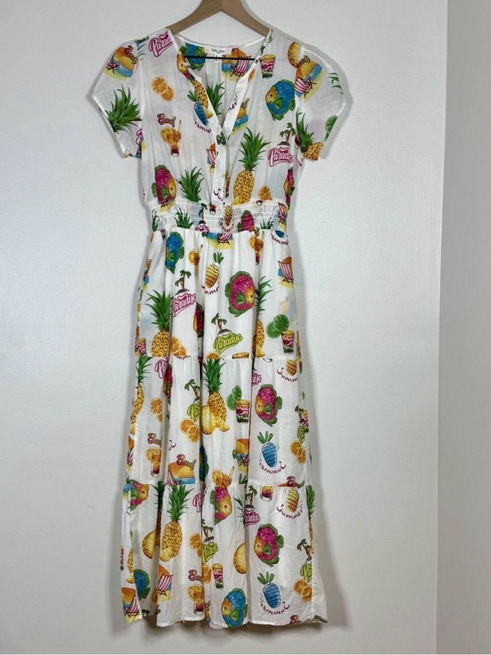 White Tropical Fruit Print Maxi Dress with Elastic Waist